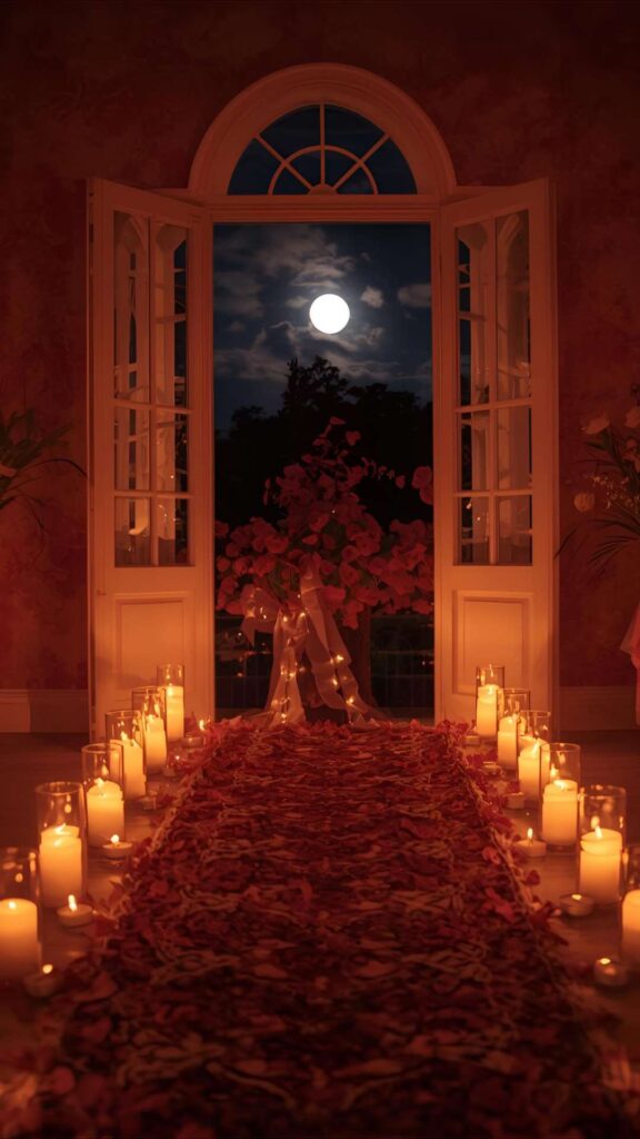 Candlelit-bedroom-walkway-with- roses-arranged-beautifully-to-set-a-warm-and-romantic-mood-for-a-Valentine’s-Day-night.