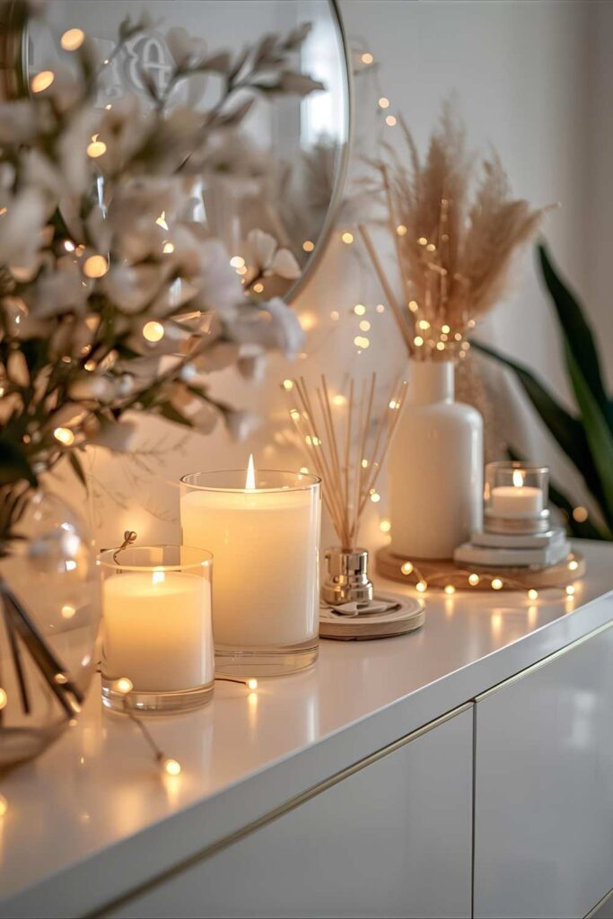 Cozy-New-Year-home-decor-with-warm-ambient-lighting-glowing-candles-and -fresh-scent-diffusers-creating-a-relaxing-and-festive-atmosphere.