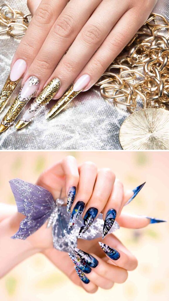 Trendy-glitter-nail-designs-in-blue-and-gold-tones-for-a-chic-eye-catching-look.