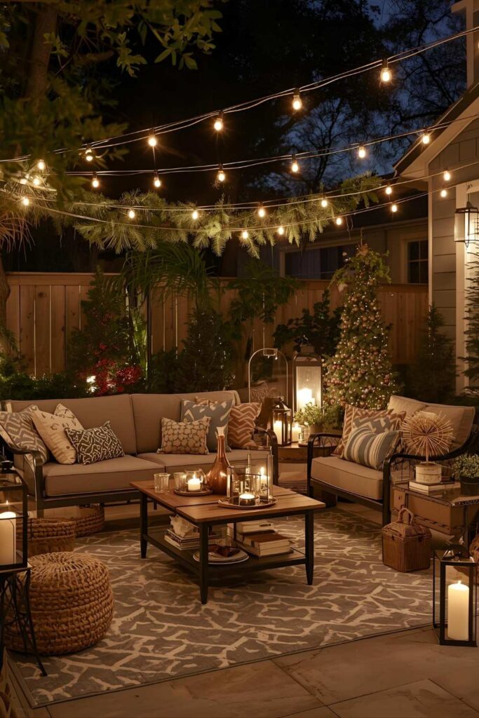 New-Year-themed-outdoor-lounge featuring-decorative-lights- greenery-and-cozy-seating.