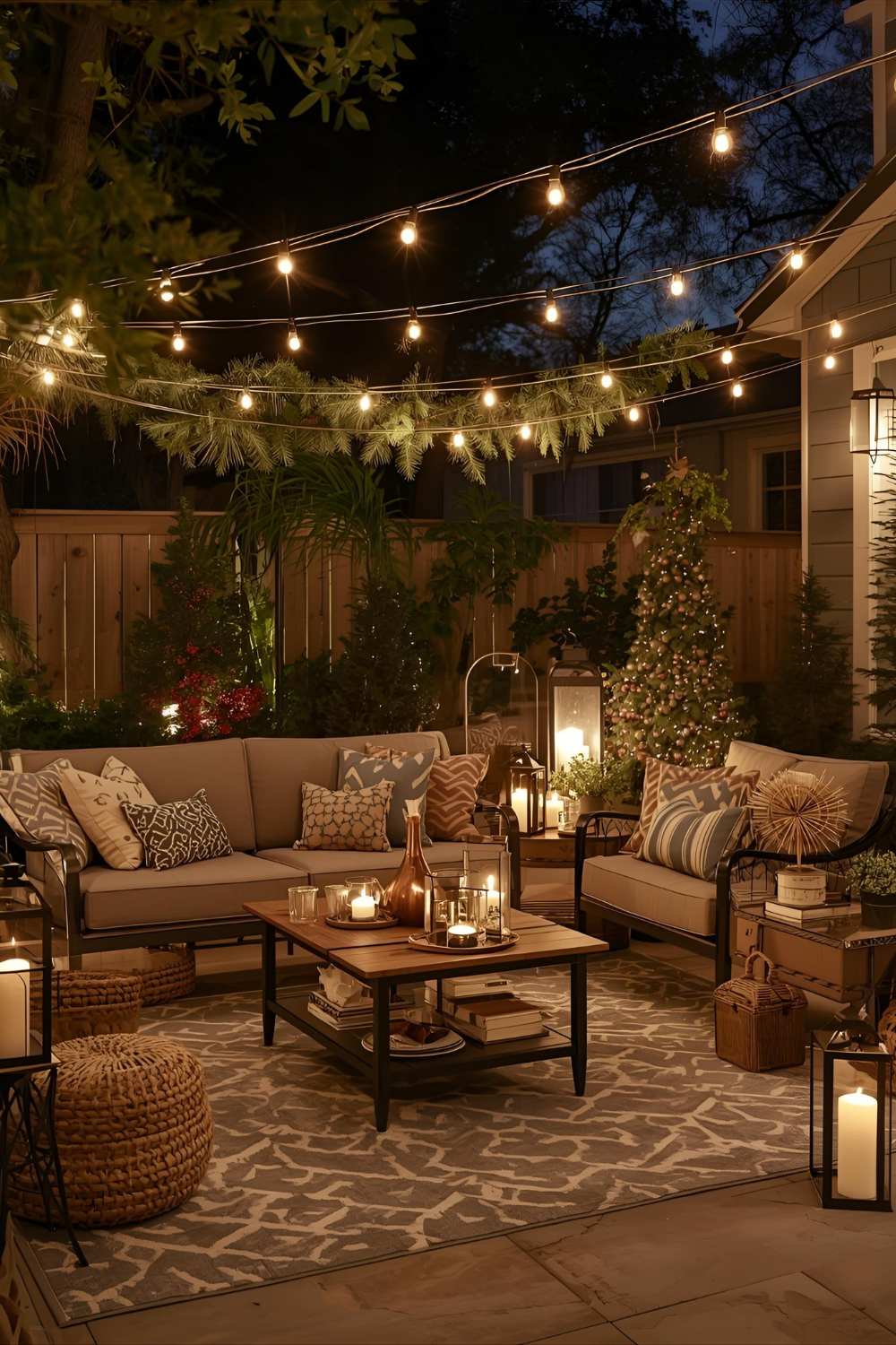 New-Year-themed-outdoor-lounge featuring-decorative-lights- greenery-and-cozy-seating.