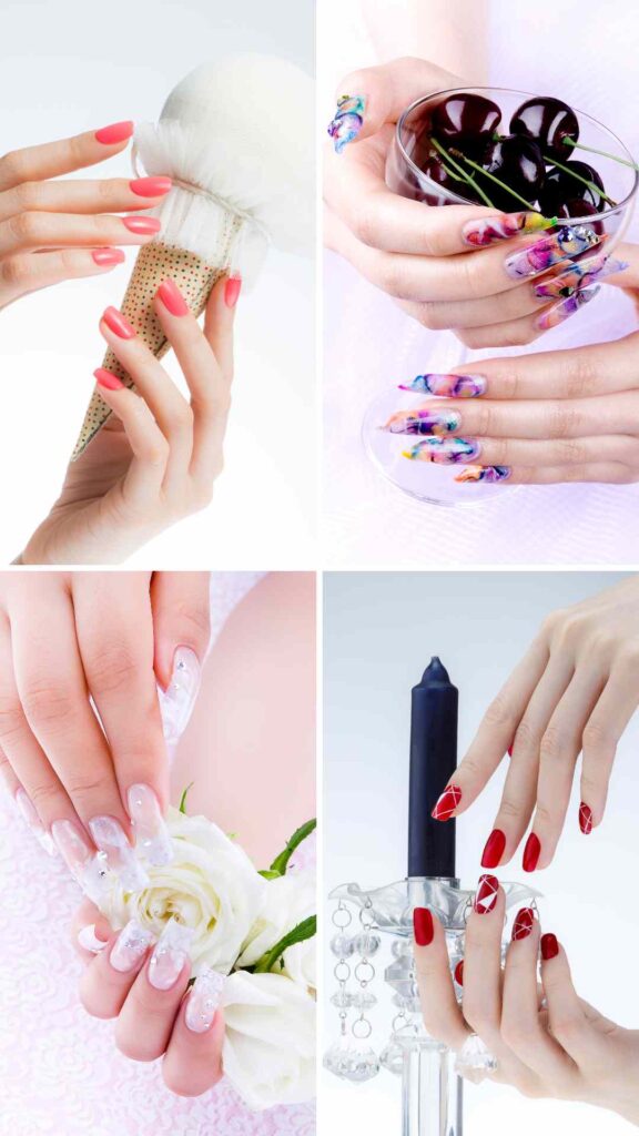 All-season-nail-design-ideas-displayed-in-one-grid-floral-spring nails-bold-summer-nails-cozy-autumn-nails-and-glittery-winter-nails.