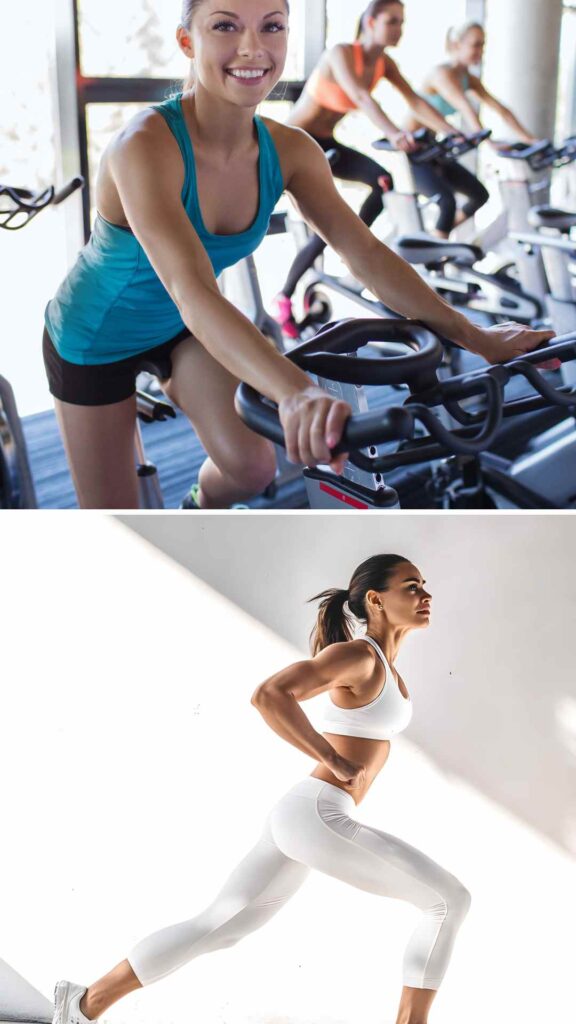 Stay-active-and-make-movement- enjoyable-a-woman-exercising- outdoors-and-at-the-gym-stretching- and-riding-with-a-smile-enjoying-a- healthy-and-active-lifestyle.