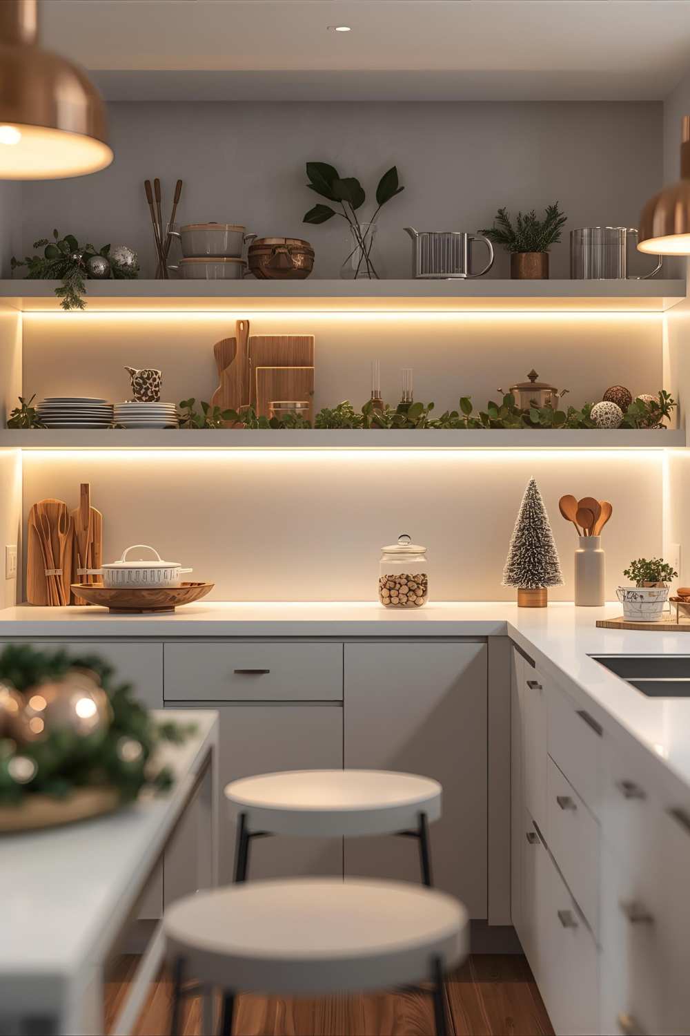 Modern-kitchen-decorated-for-the-New-Year-with-organized-storage-war- lighting-fresh-greenery-and-stylish-functional-decor.