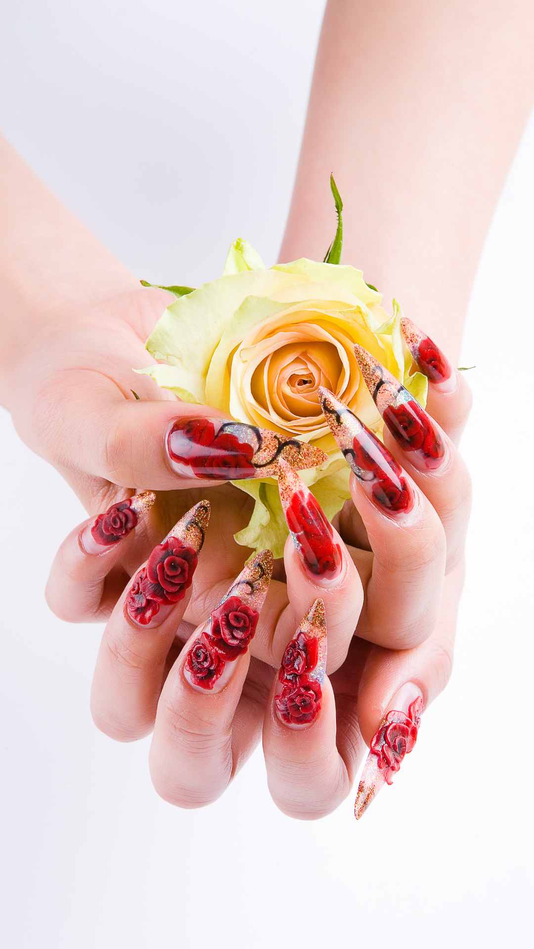 Beautiful-nails-designs-for-ladies- featuring-rose-flower-design-and- pointed-tip-ideal-for-women-who-love- romantic-nail-art.