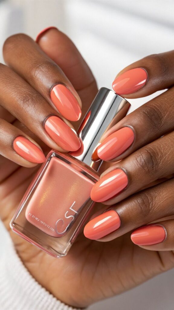 Bright-Coral-Gloss-Nails-summer-nail-designs-for-dark-skin