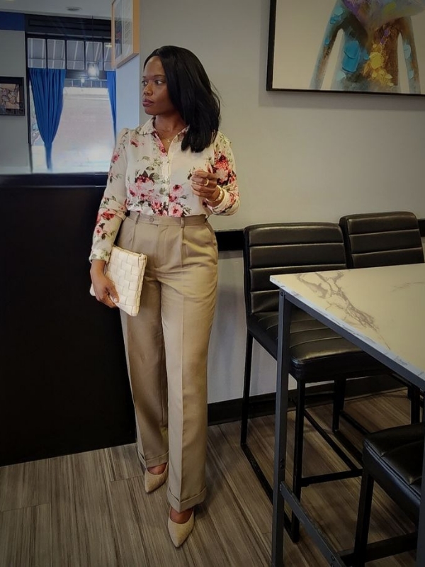 Floral-Blouse-Tucked-Into-High-Waisted-Tailored-Trouser-for-a-Spring-Work-Look-That-Is-Feminine-and-Polished