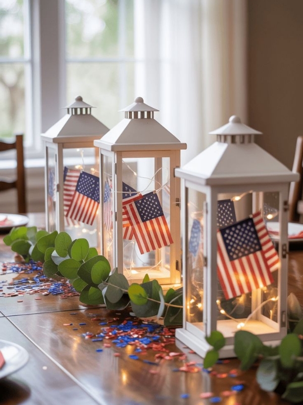 Assemble-a-Patriotic-Lantern-Centrepiece-With-Candles and Ribbon for a 4th of July Table That Glows All Evening