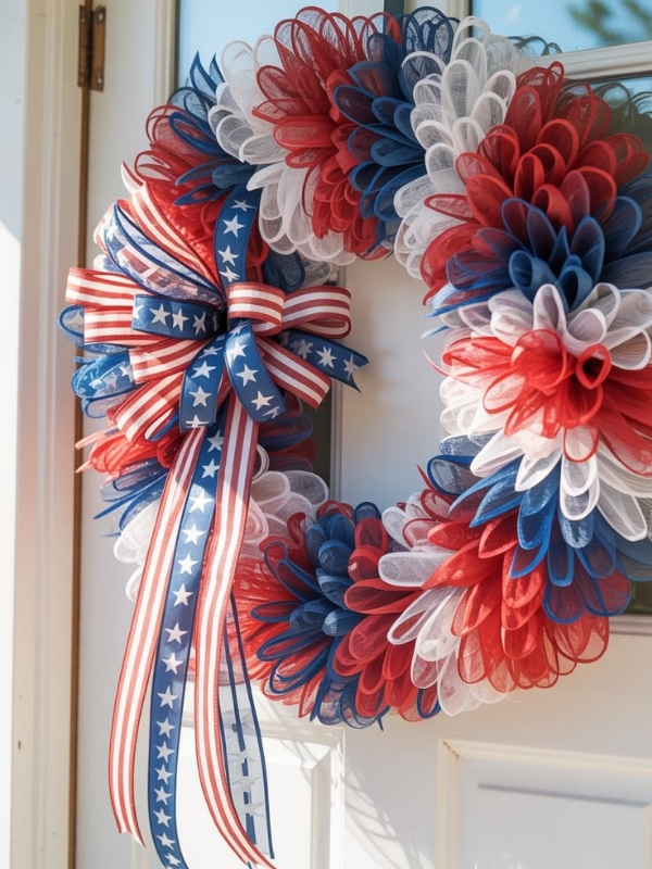 Make-a-Red-White-and-Blue-Wreath-With-Mesh-Ribbon-and-Florals-for-a-Front-Door