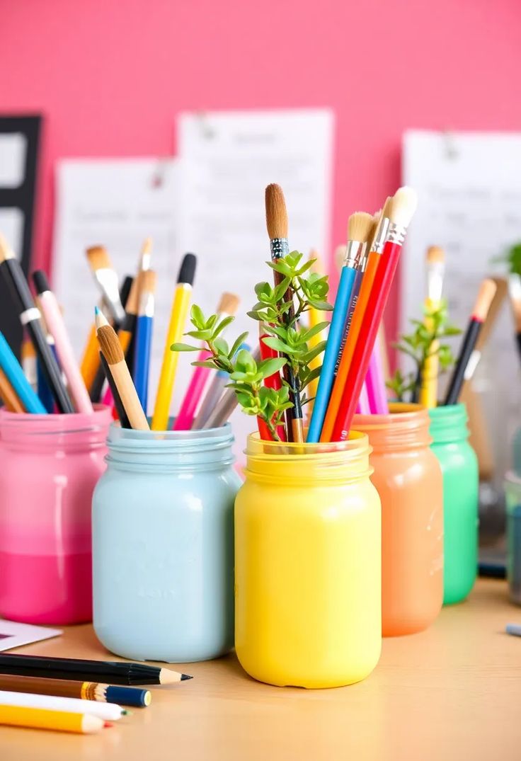 Painted-Mason-Jar-Desk-Organizer.