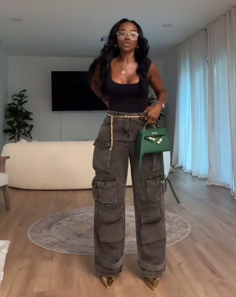 Fitted-Bodysuit-High-Waisted-Cargo-Pants-Heeled-Sandals.