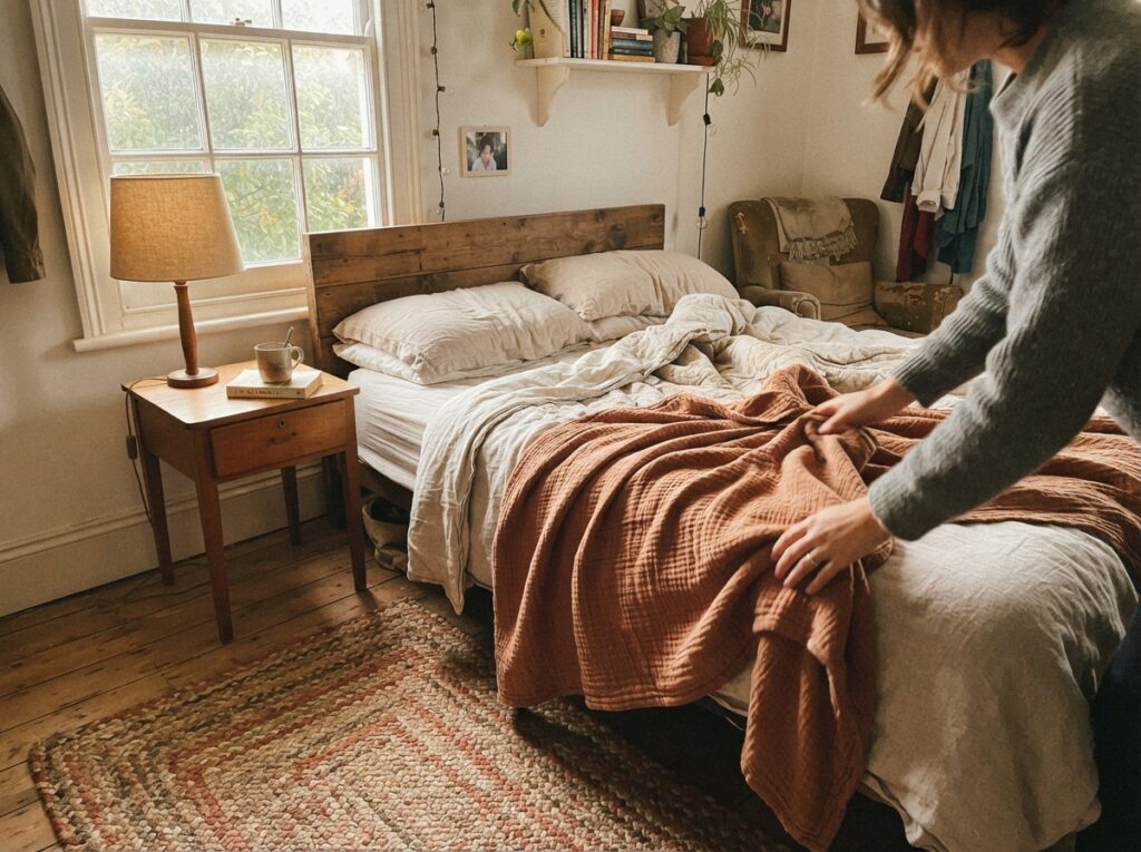 Hands_arranging_throw_blanket_bed