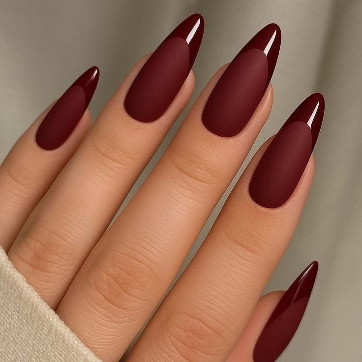 Matte-Blood-Red-Nails-with-Glossy-Wine-Toes