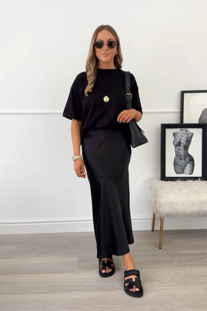 Oversized-Black-T-Shirt-Satin-Midi-Skirt