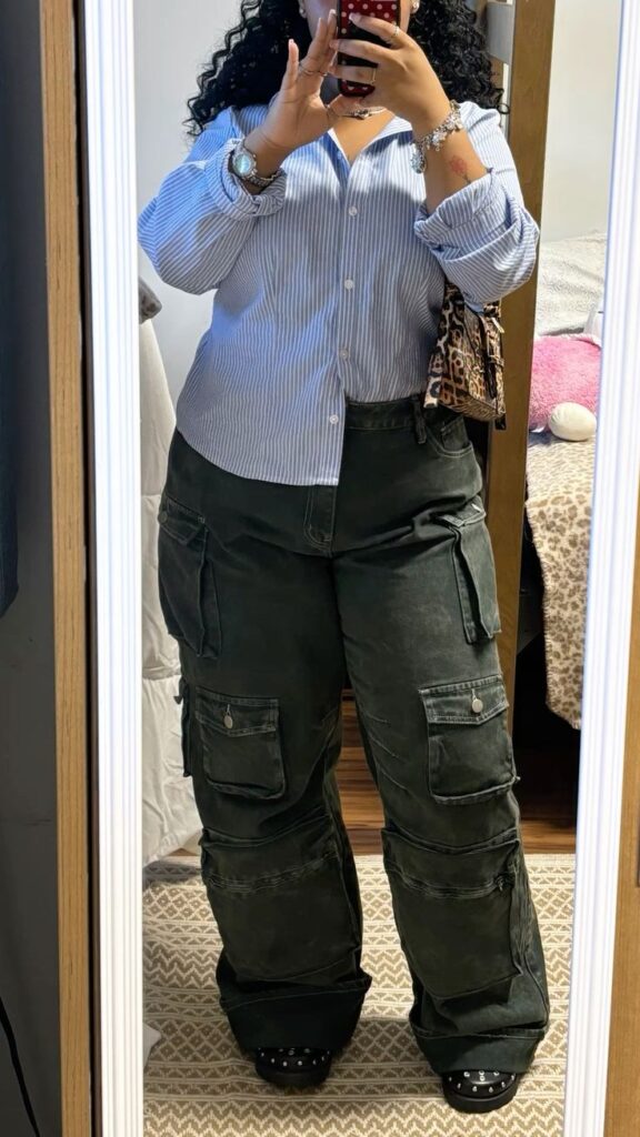 Oversized-Button-Down-Shirt-Straight-Leg-Cargo-Pants-Loafers.