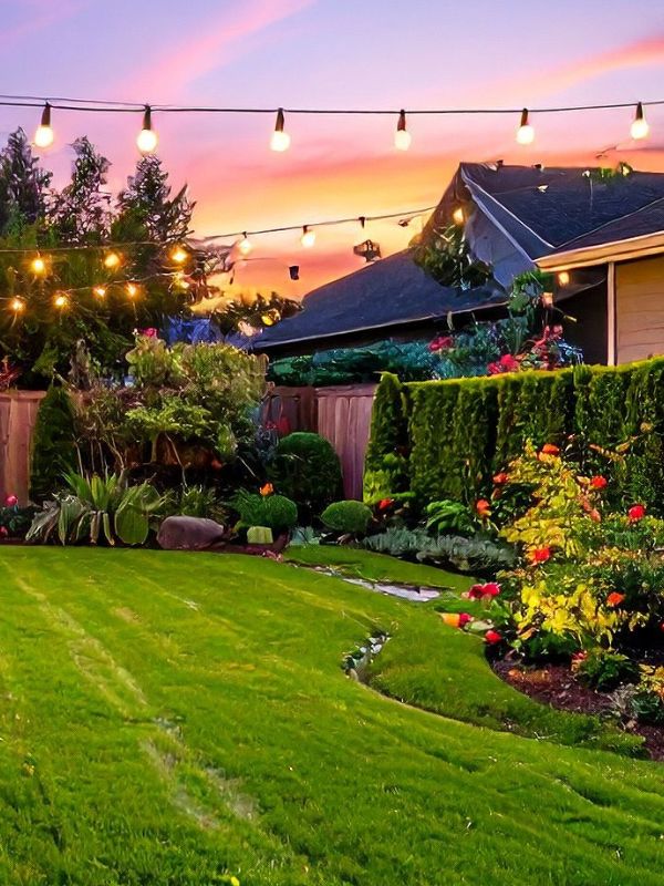 backyard-garden-at-sunset-with-diy-string-lights