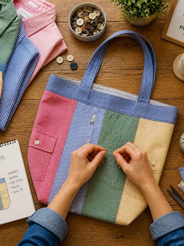 Adult-upcycling-old-T-shirts-in-different-colors-into-tote-bags
