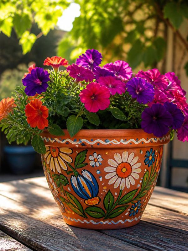 DIY-painted-terracotta-flower-vase-featuring-vibrant-colorful-flowers -as-a-decorative-centerpiece.