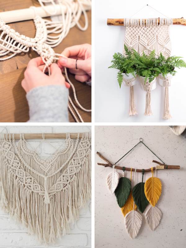 Adult-weaving-a-macramé-wall-hanging-with-colorful-macramé-designs-displayed-on-the-wall-including-a-flower-pattern-and-a-seven-leaf-design-in-yellow-white-and-green.