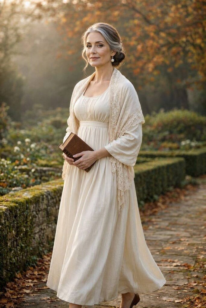 A_beautiful_woman_over_40_dressed_in_a_Regency-inspired