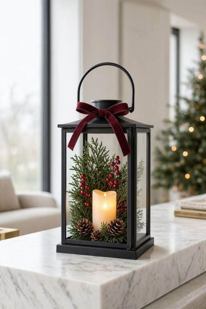 A_black_metal_Christmas_lantern_sitting_on_a_sleek_white_marble-Christmas-Dollar-Tree-Crafts