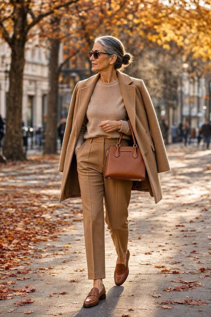 A_fashionable_woman_in_her_mid-40s_wearing_a_monochromatic_custome
