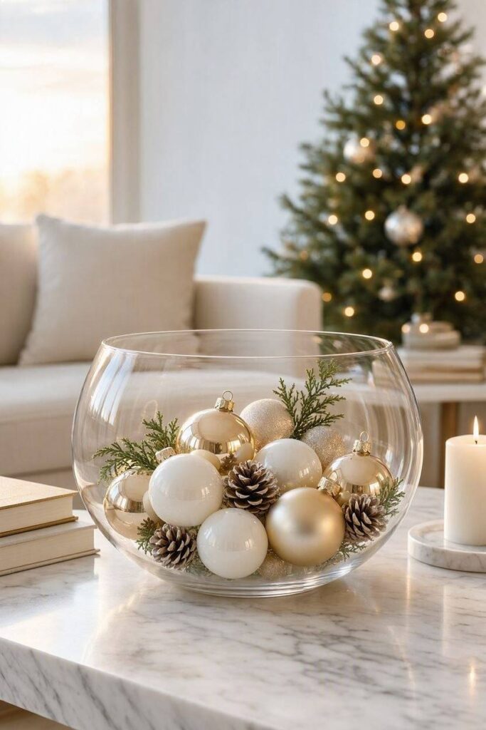 A large clear glass bowl filled with elegant champagne, matte white, and soft gold Christmas ornaments accented with cedar sprigs and pinecones.