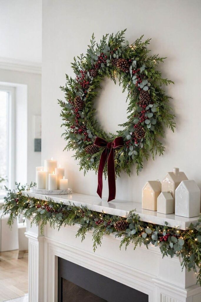 A_large_luxurious_Christmas_wreath_made_from_cedar_eucalyptus, pinecones, berry sprigs, and a soft velvet ribbon hanging above a white fireplace mantel in a bright modern living room