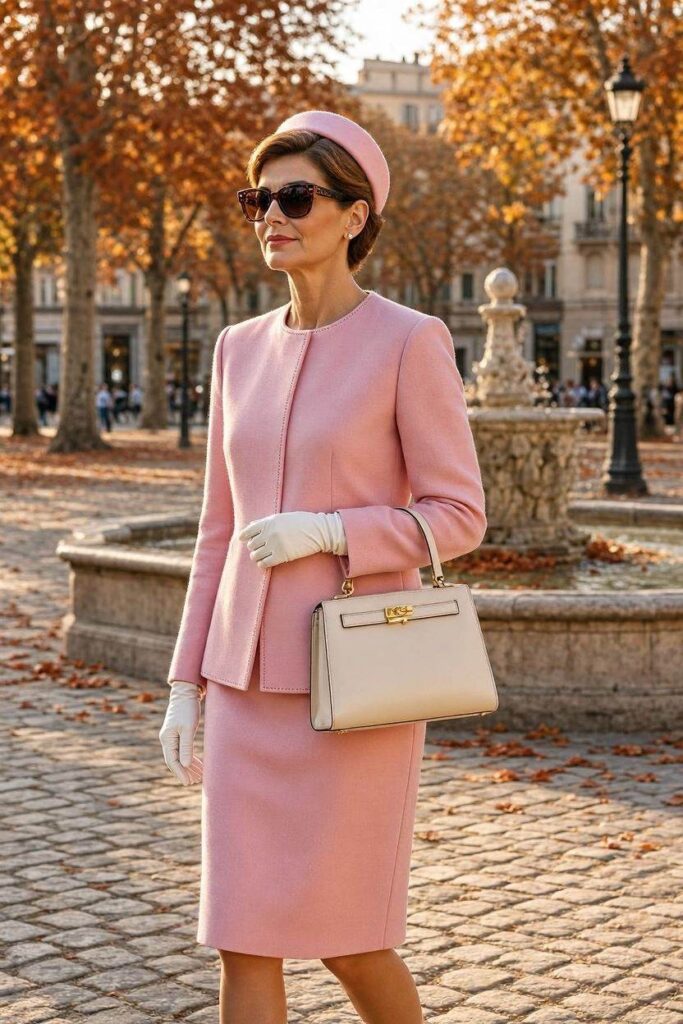 A_sophisticated_woman_over_40_wearing_a_pastel_pink_skirt_suit-classy-Halloween-costumes-for-women-over-40