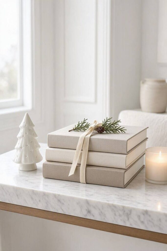 A_stack_of_three_neutral_hardcover_books_wrapped_with_cream-velvet ribbon and decorated with a cedar sprig and small pinecone, displayed on a polished white marble console table
