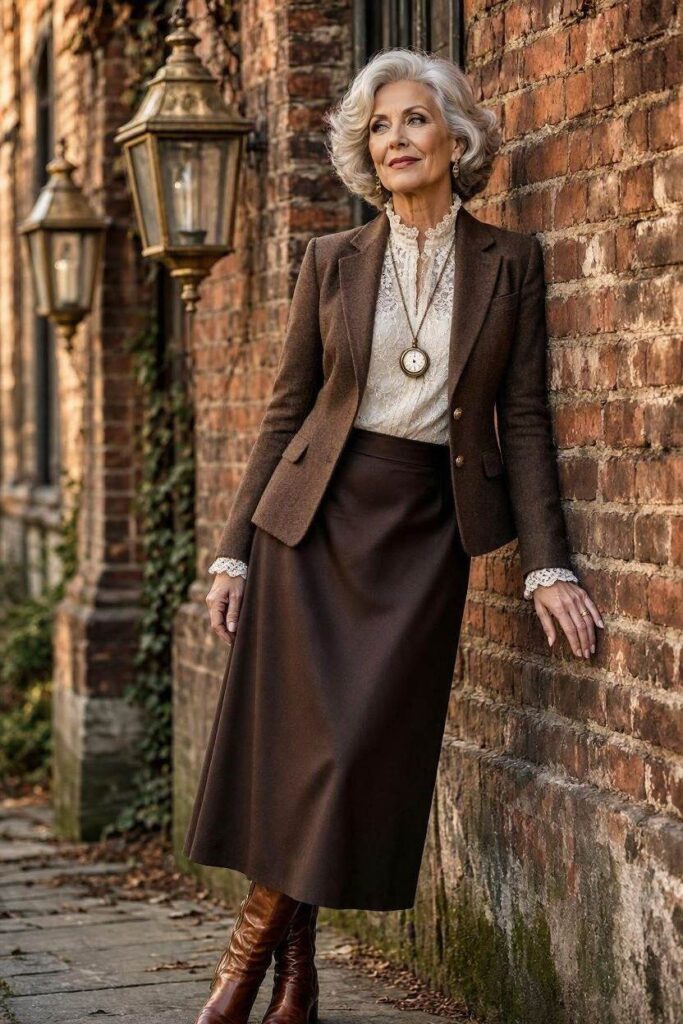 A_stylish_mature_woman_wearing_an_elegant_Victorian-inspired.