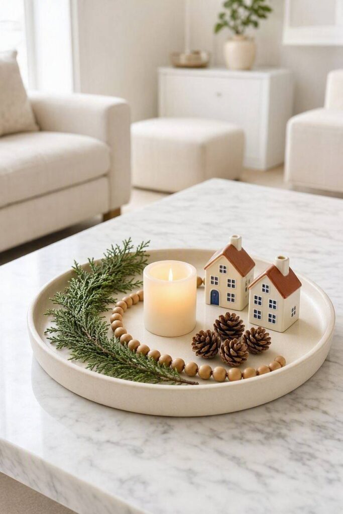 A_white_decorative_tray_placed_on_a_polished_white_marble_-coffee table holding cedar greenery, a glowing LED candle, miniature ceramic Christmas houses, pinecones, and wooden beads arranged in a balanced designer composition.