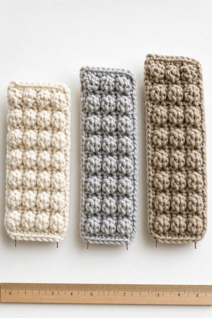 Three-crochet-samples-displayed-together-soft-rounded-puff-stitches-defined-bobble-stitches-structured-popcorn-stitches.
