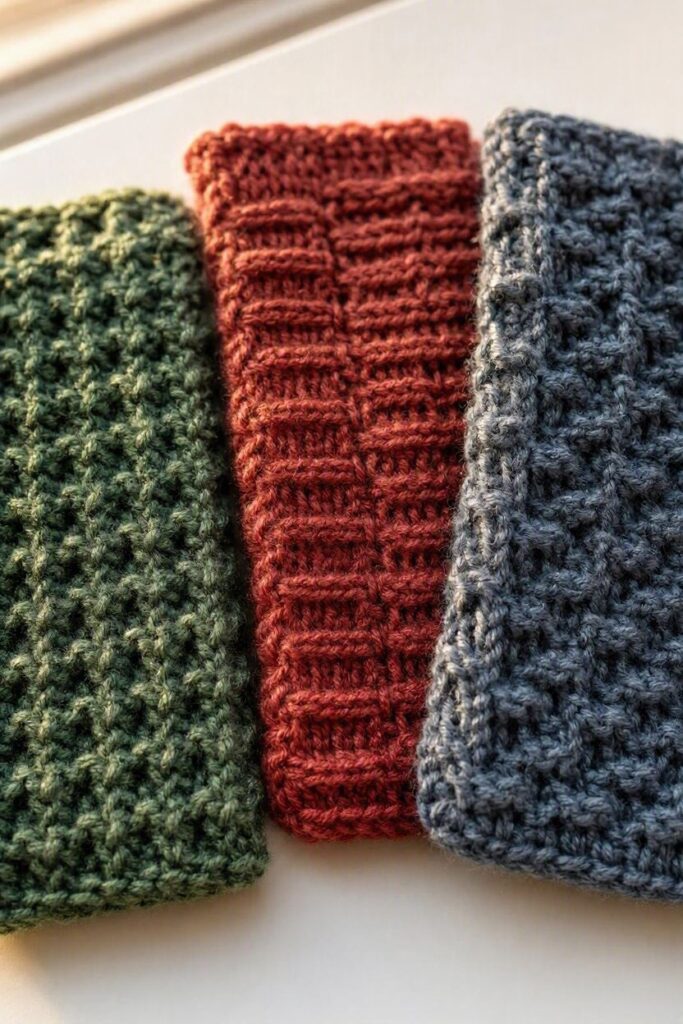 Three-crochet-swatches-arranged-side-by-side-on-a-white-table-Left-waffle-stitch-with-square-grids-Center-basketweave-stitch-with-woven-blocks-Right-Alpine-stitch.