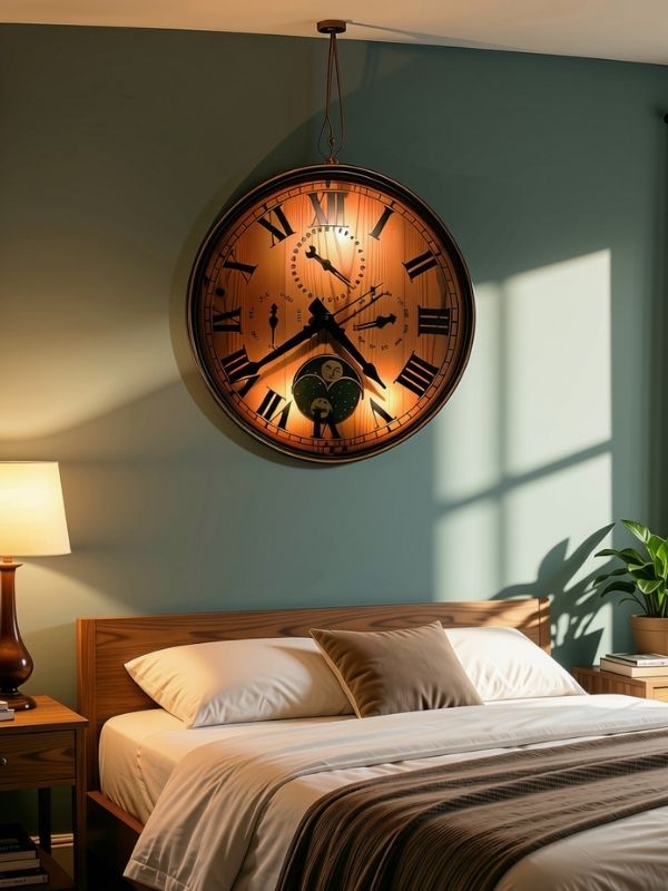 bedroom-with-a-large-wooden-wall-clock-hung-above-a-wooden-bed