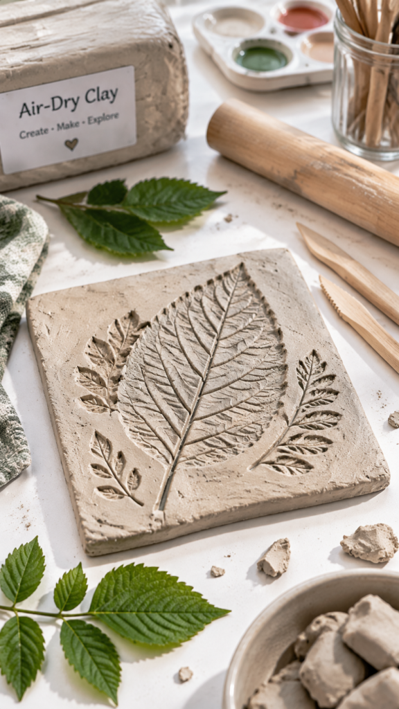 Botanical-Leaf-Print-Clay-Tile.-air-dry-clay-crafts.